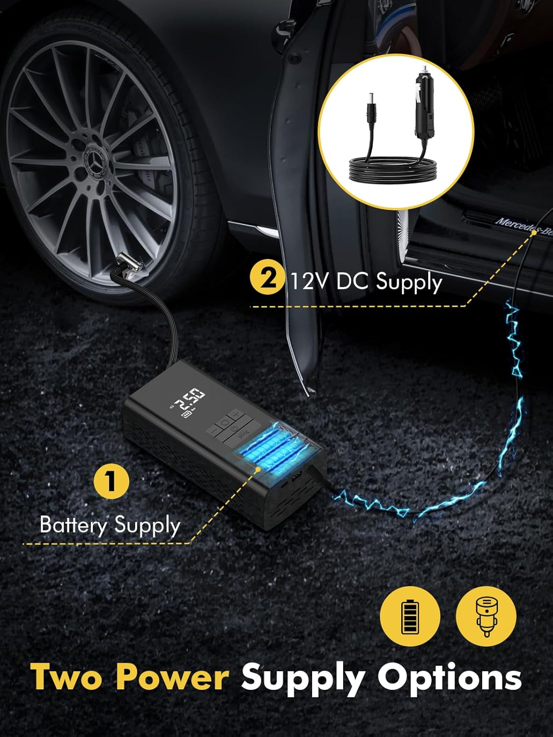 Cordless Tyre Inflator Portable Air Compressor - Fast 45L/Min Car Tyre Inflator with Power Bank Support, LED Lighting 6000Mah Battery, 4 Modes, Ideal for Cars Bikes Motorcycles and Balls