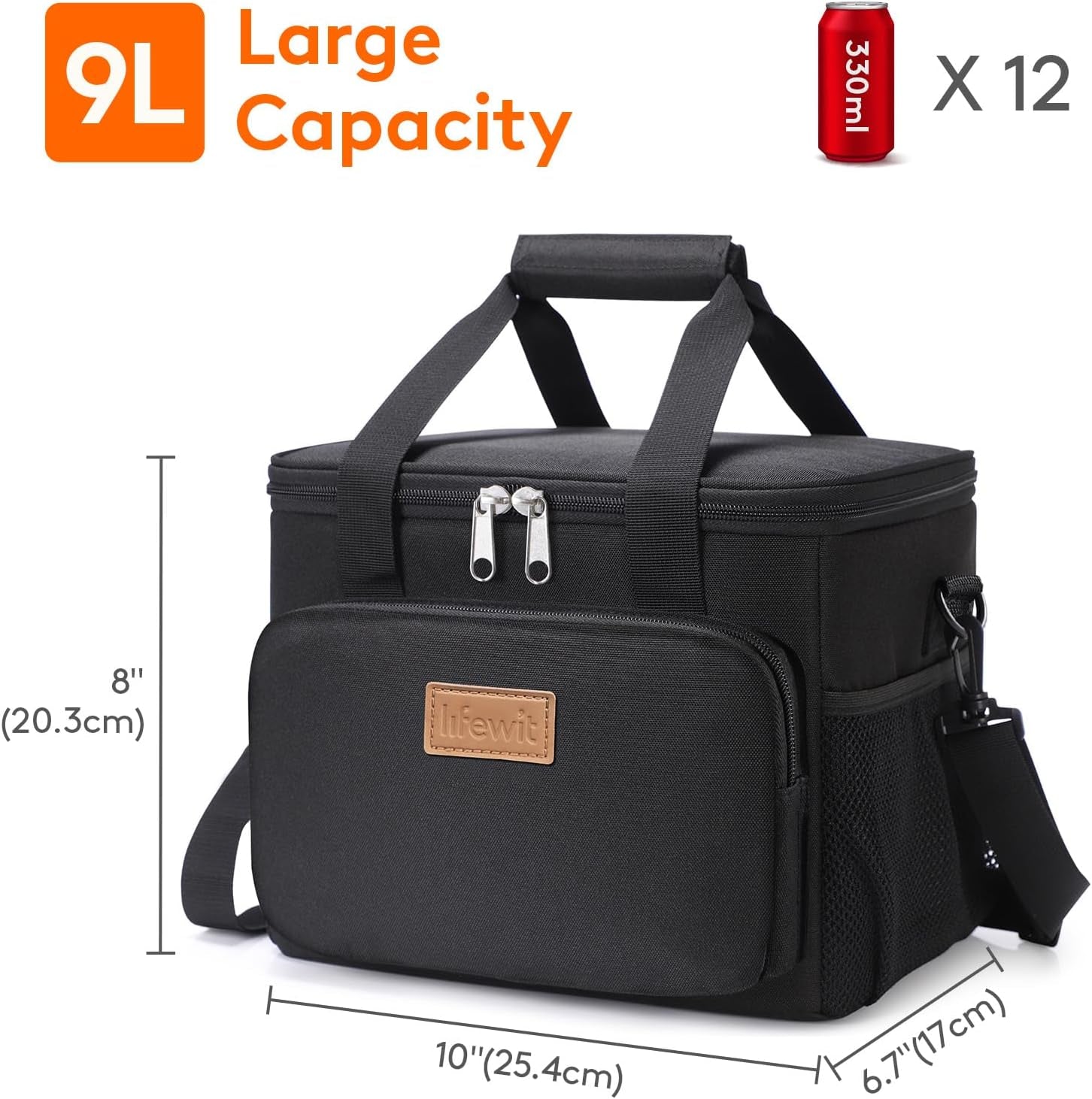 Lunch Bag 8.5L 12 Can Insulated Lunch Box Soft Cooler Cooling Tote for Adult Men Women, Black