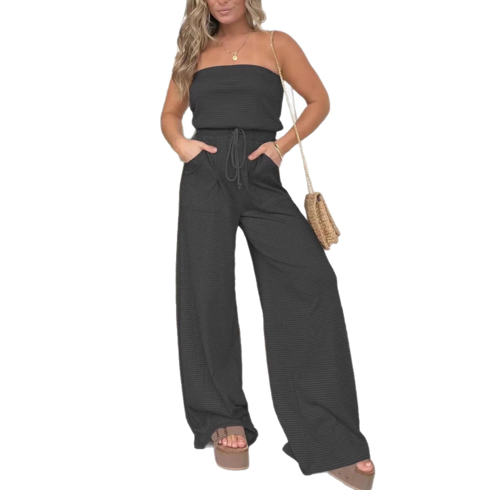 Womens Striped Tube Top Wide-Leg Jumpsuit