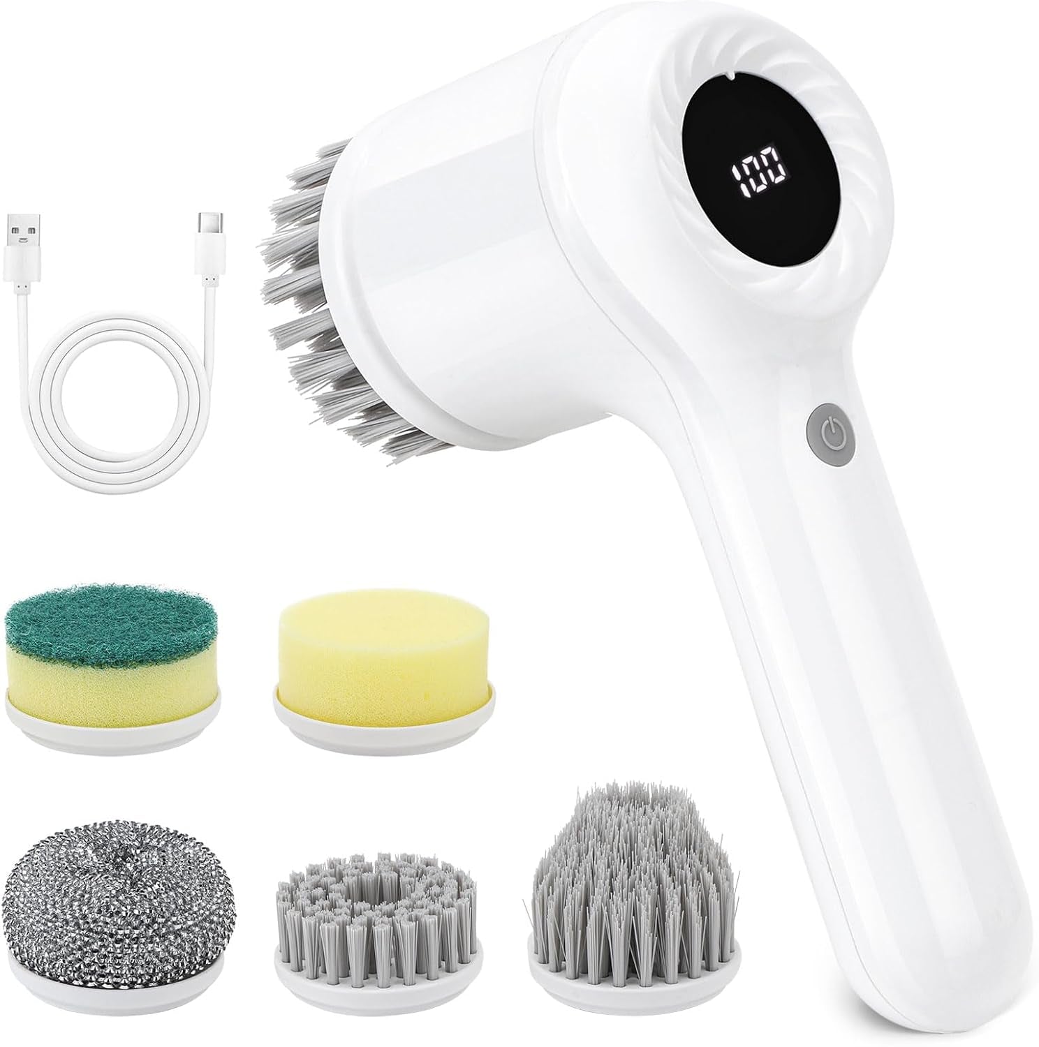 Electric Cleaning Brush Cordless, IPX7 Waterproof Electric Spin Scrubber with LED Display, 5 Replacement Heads, 2 Adjustable Speeds Bathroom Brush for Kitchen/Tile/Garden/Floor/Car