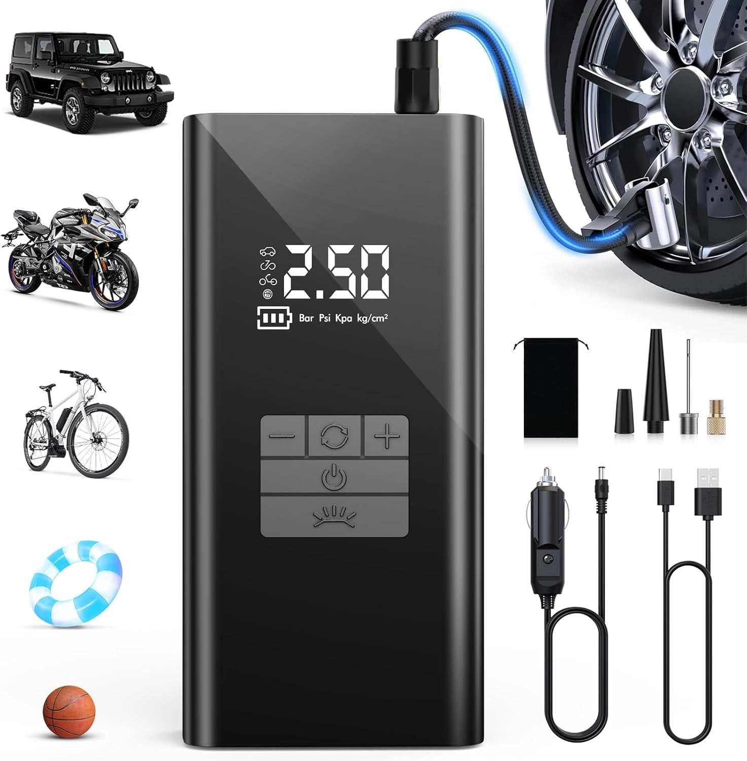 Cordless Tyre Inflator Portable Air Compressor - Fast 45L/Min Car Tyre Inflator with Power Bank Support, LED Lighting 6000Mah Battery, 4 Modes, Ideal for Cars Bikes Motorcycles and Balls