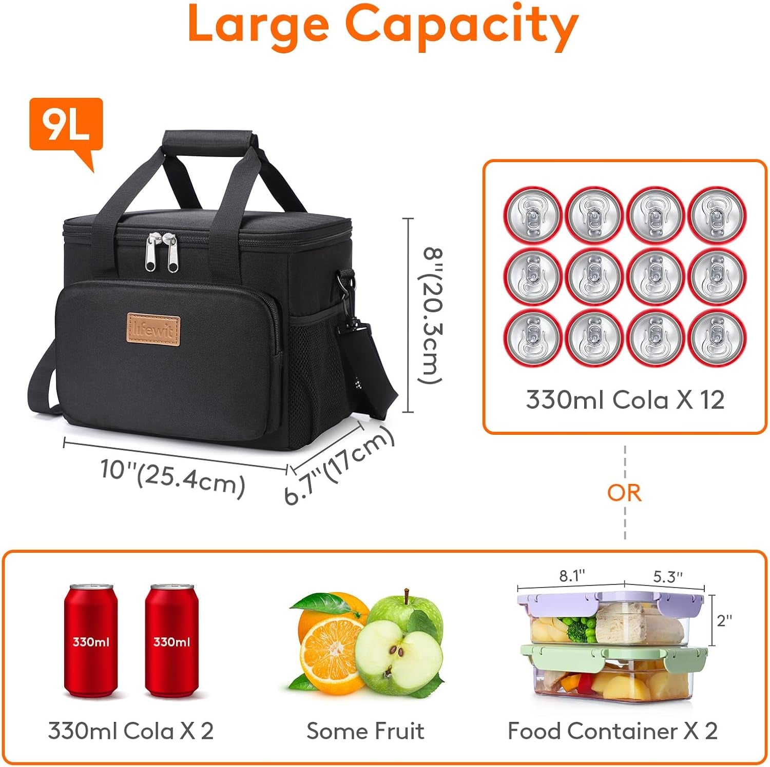Lunch Bag 8.5L 12 Can Insulated Lunch Box Soft Cooler Cooling Tote for Adult Men Women, Black