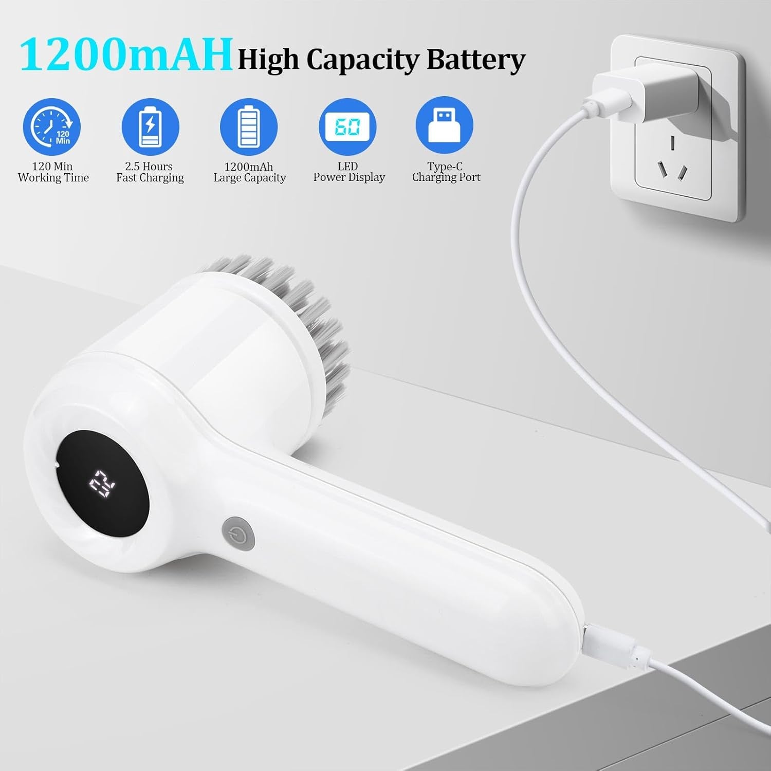 Electric Cleaning Brush Cordless, IPX7 Waterproof Electric Spin Scrubber with LED Display, 5 Replacement Heads, 2 Adjustable Speeds Bathroom Brush for Kitchen/Tile/Garden/Floor/Car