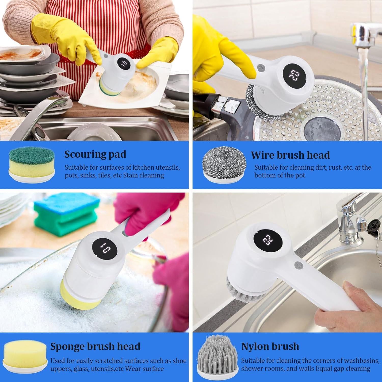 Electric Cleaning Brush Cordless, IPX7 Waterproof Electric Spin Scrubber with LED Display, 5 Replacement Heads, 2 Adjustable Speeds Bathroom Brush for Kitchen/Tile/Garden/Floor/Car