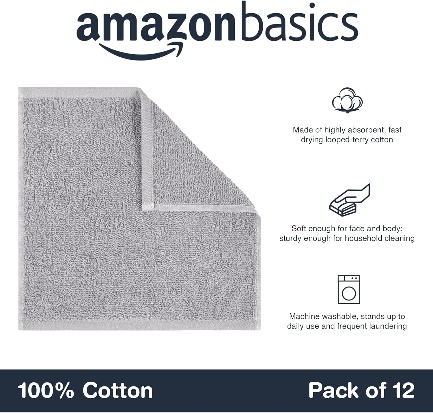 Face Towel Set for Bathroom, 100% Cotton Extra Absorbent Fast Drying Face Cloths 30 X 30 Cm, Grey, 12-Pack