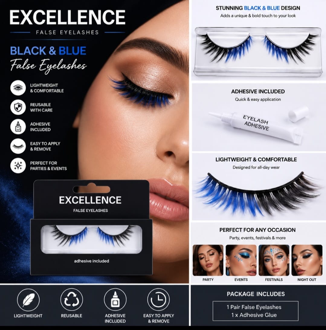 Excellence Black &blue False Eyelashes With Adhesive Reusable Party Makeup