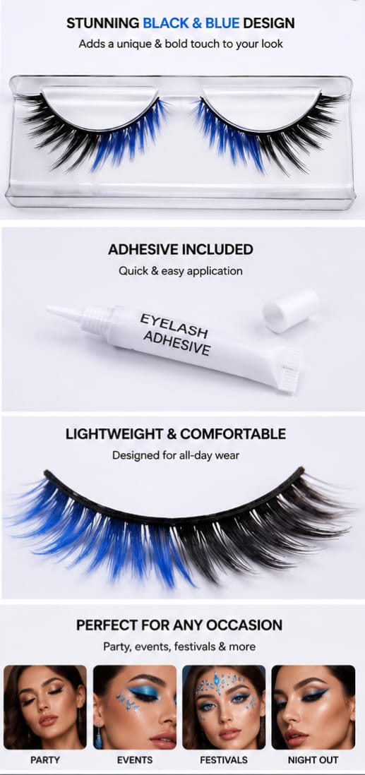Excellence Black &blue False Eyelashes With Adhesive Reusable Party Makeup