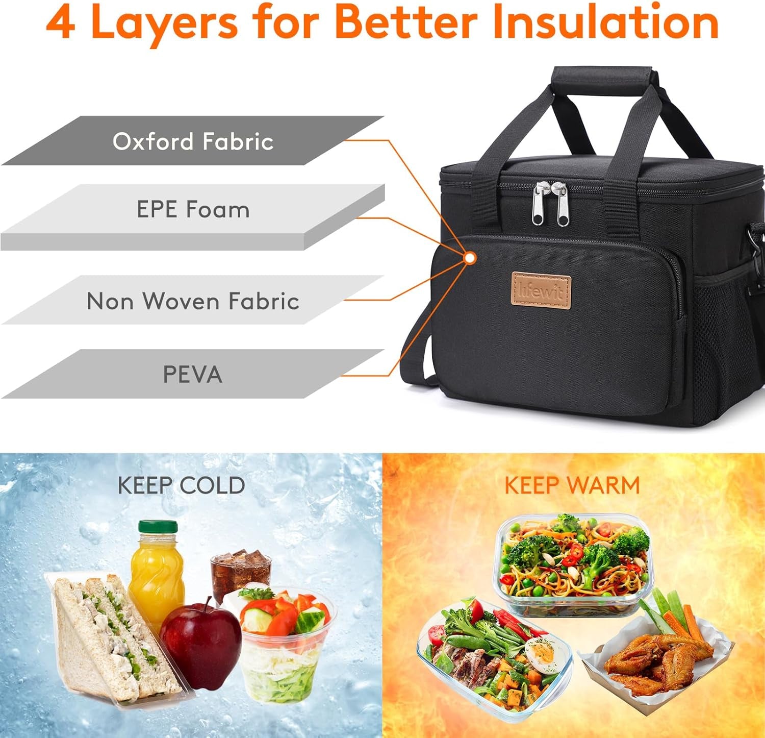Lunch Bag 8.5L 12 Can Insulated Lunch Box Soft Cooler Cooling Tote for Adult Men Women, Black