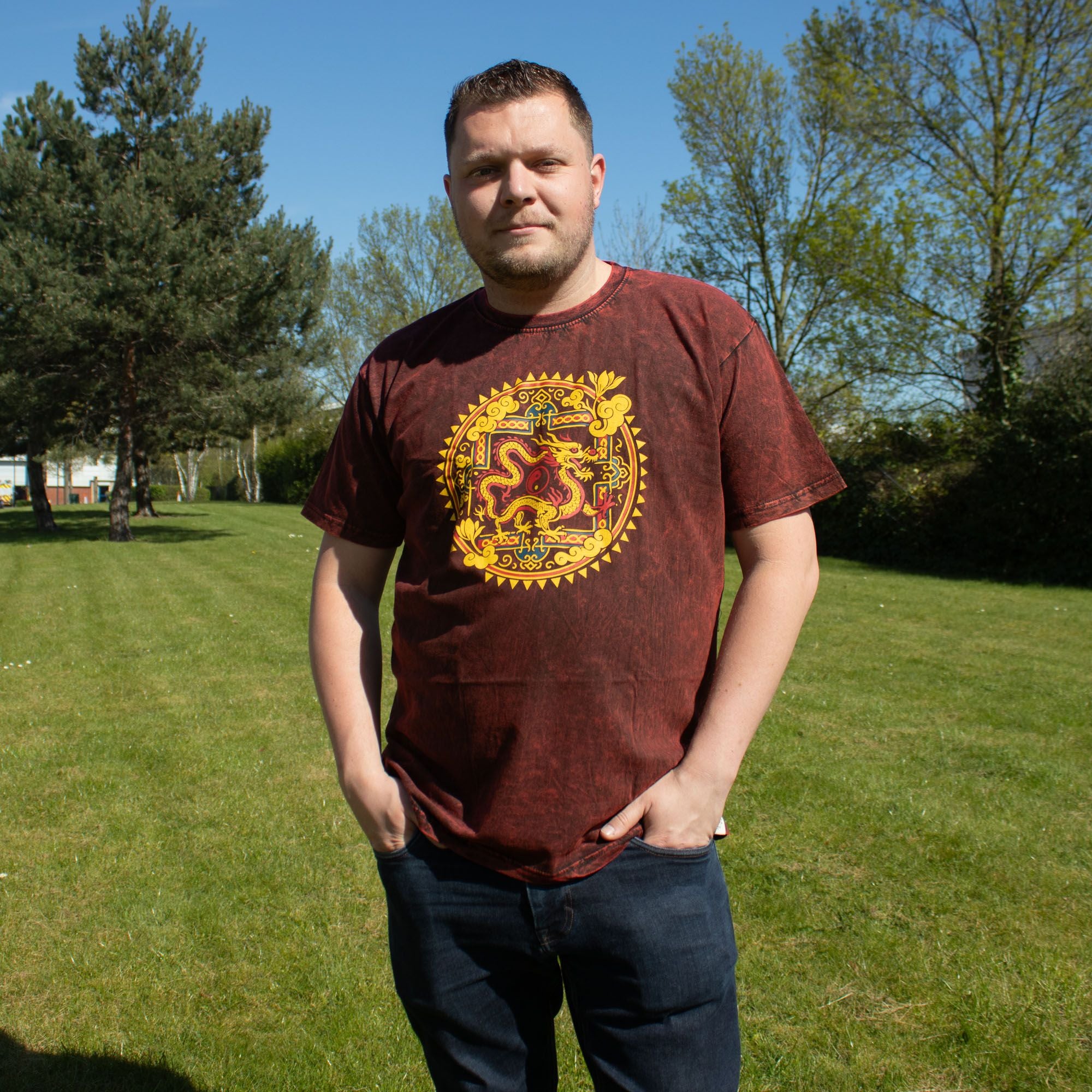 Nomad Sari Stonewashed Cotton T-Shirt - Dragon Mandala - Maroon - XL