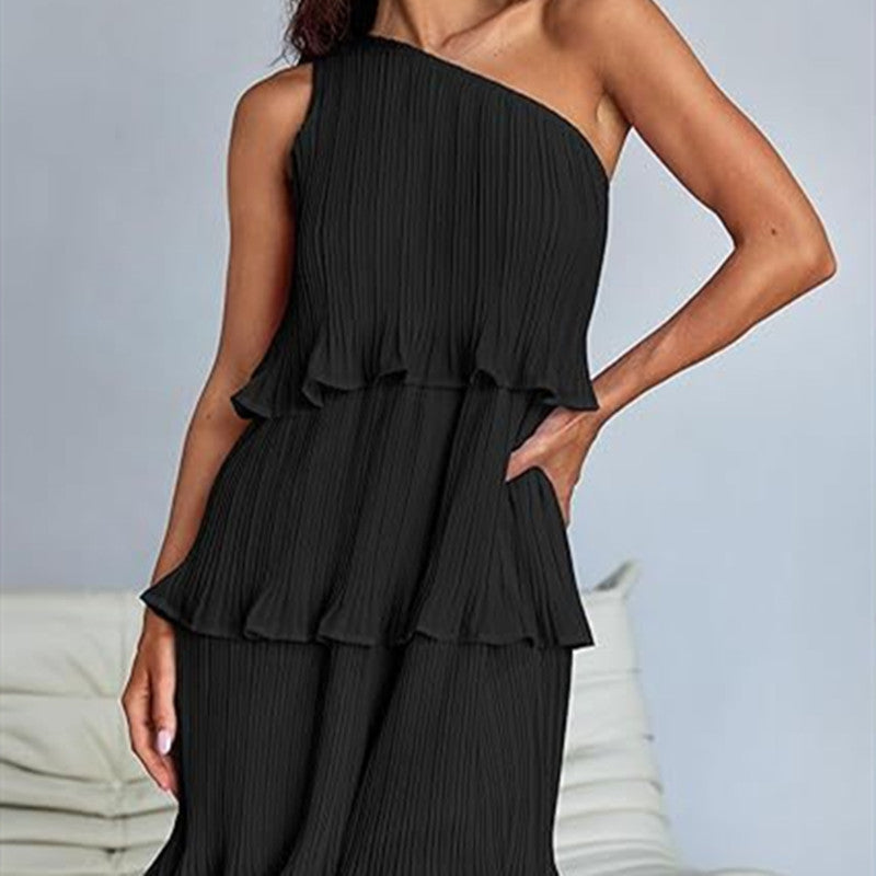 Casual Women's One Off-Shoulder Layered Stitching Hem Dress Simple Solid Color Dress Summer Street High Waist Comfortable Dresses