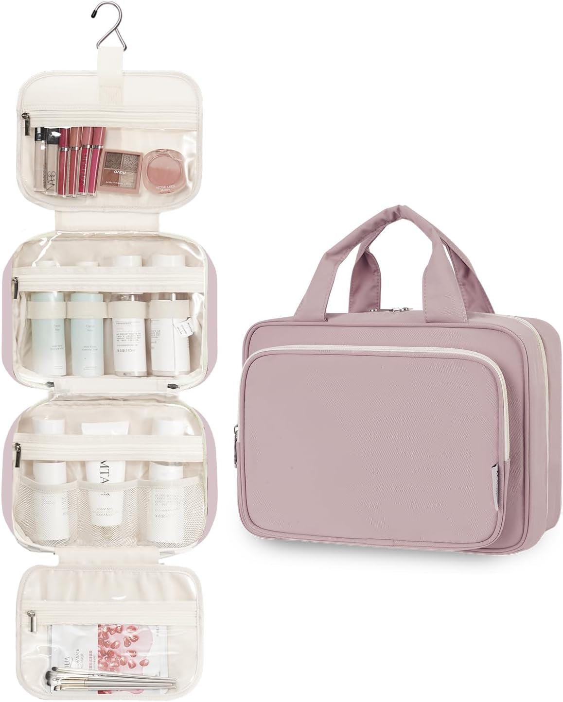 Hanging Travel Toiletry Bag for Women Wash Bag Cosmetics Makeup Bag Organizer for Travel Size Accessories (Dusty Rose (Medium))