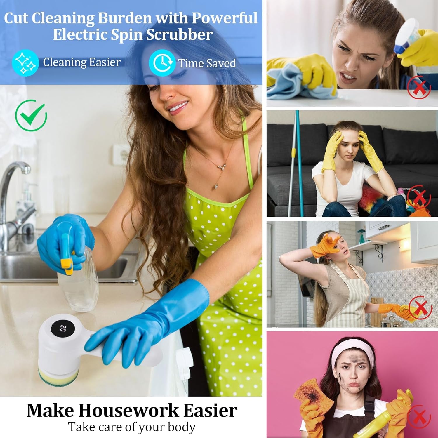 Electric Cleaning Brush Cordless, IPX7 Waterproof Electric Spin Scrubber with LED Display, 5 Replacement Heads, 2 Adjustable Speeds Bathroom Brush for Kitchen/Tile/Garden/Floor/Car