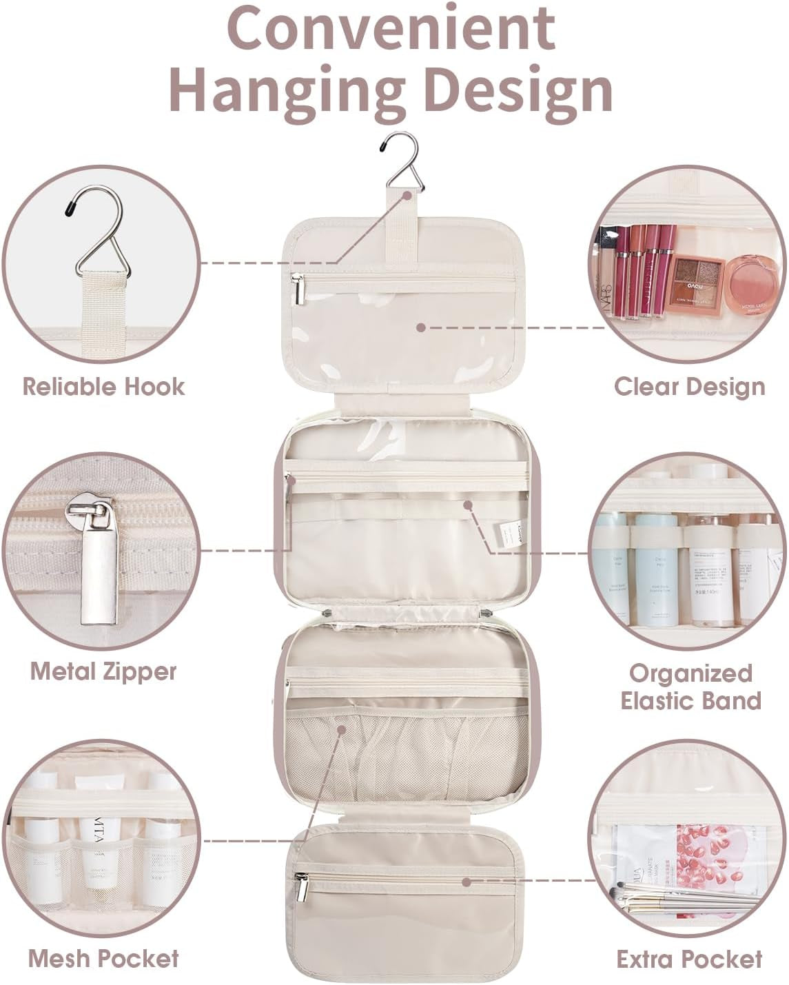 Hanging Travel Toiletry Bag for Women Wash Bag Cosmetics Makeup Bag Organizer for Travel Size Accessories (Dusty Rose (Medium))